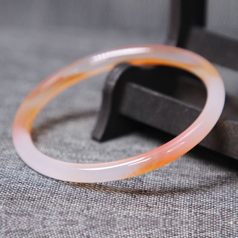 Chalcedony Bangle Bracelet 60MM Certificated Ice Translucent Orange Gradient Agate Bangle Thin Jingle Bangle Carved Unique Gift for Her