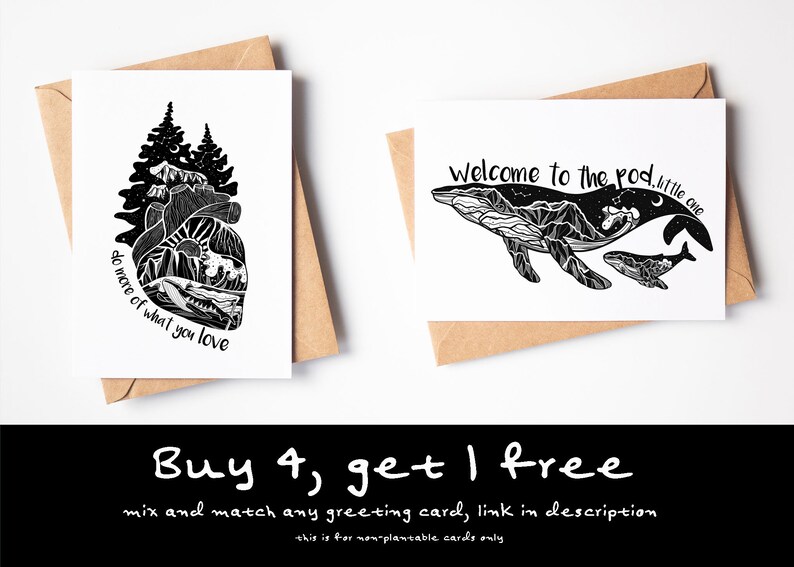 May include: Two greeting cards with kraft paper envelopes. One card features a mountain and forest design with the text "do more of what you love." The other card has a whale design with the text "Welcome to the pod, little one."