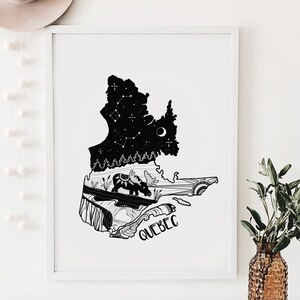 May include: Black and white art print of the Quebec province, featuring a starry night sky, a moose, and the word "QUEBEC". The artwork is framed in a white border and is a decorative piece.