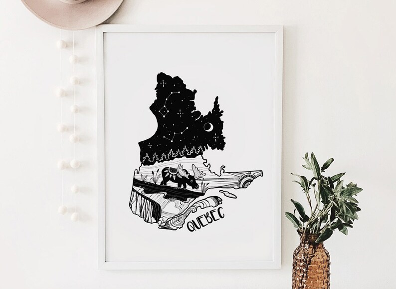 May include: Black and white art print of the Quebec province, featuring a starry night sky, a moose, and the word "QUEBEC". The artwork is framed in a white border and is a decorative piece.