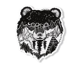 Bear Head Sticker: Black and White Design - Glossy Waterproof Vinyl