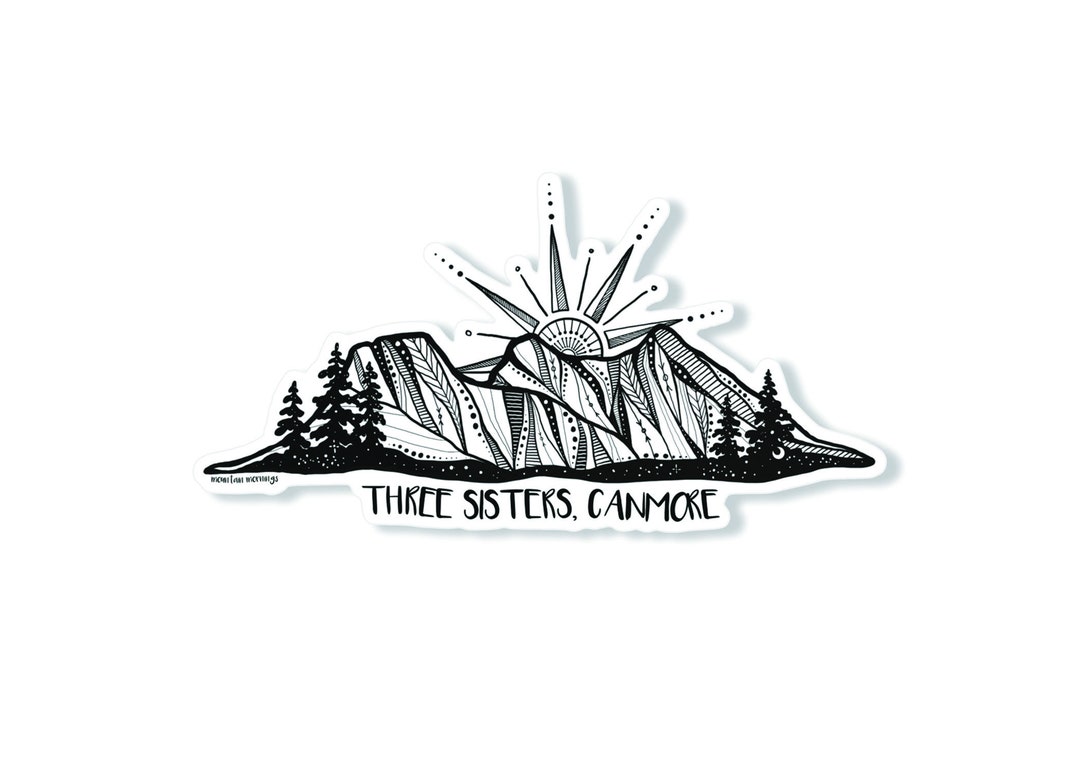 Three Sisters Canmore, Black and White Stickers, Illustrated Sticker ...
