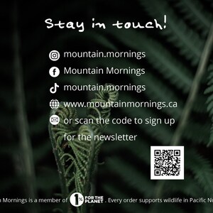 Puede incluir: Un helecho verde con un c&oacute;digo QR y texto que dice "&iexcl;Mantente en contacto!" e incluye identificadores de redes sociales y una direcci&oacute;n de sitio web. El texto tambi&eacute;n dice "Mountain Mornings es miembro de 1% for the Planet. Cada pedido apoya la vida silvestre en el noroeste del Pac&iacute;fico."
