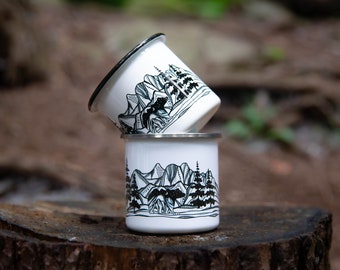 Bear and Mountain, Camping Mug, Enamel Mug, Tin Mug, Coffee Mug, Mountain Mug, Outdoor Gift, Camping Gifts, Hiking Gifts, Adventure Mug