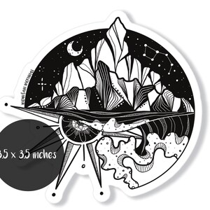 May include: Black and white sticker featuring a stylized illustration of a mountain range with a crescent moon and stars in the sky above. The mountain range is partially submerged in water with a sun and waves below. The sticker is 3.5 x 3.5 inches.