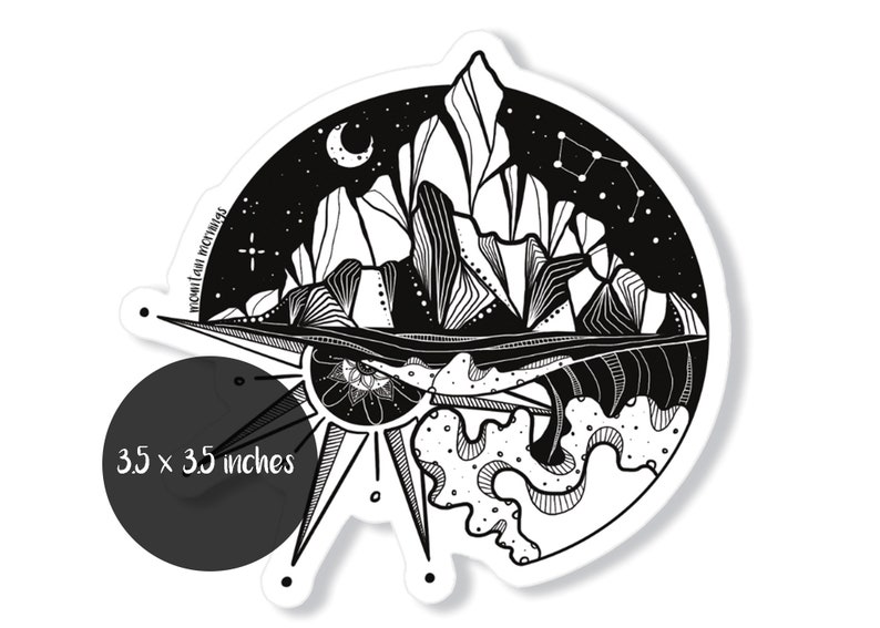 May include: Black and white sticker featuring a stylized illustration of a mountain range with a crescent moon and stars in the sky above. The mountain range is partially submerged in water with a sun and waves below. The sticker is 3.5 x 3.5 inches.