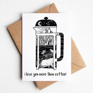 Biglietto caffè, Biglietto d'auguri d'amore, Biglietto ti amo, Biglietto 5x7, Biglietto stazionario, Interno vuoto, Biglietto bianco e nero, Biglietto illustrato, Arte PNW