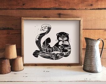 Sea Otter Print, Illustrated Print, Black and White Wall Art, Print For Frame, Outdoor Poster, Home Decor Prints, Canadian Artwork, PNW Art