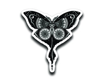 Luna Moth Sticker, Black and White Stickers, Illustrated Sticker, Glossy Vinyl Sticker, Nature Sticker, Waterproof Sticker, Laptop Decal