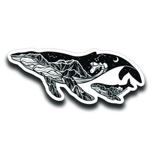 May include: A black and white sticker featuring a whale design. The whale's body is filled with mountain and starry night illustrations. A smaller whale is below. The sticker has a white border.