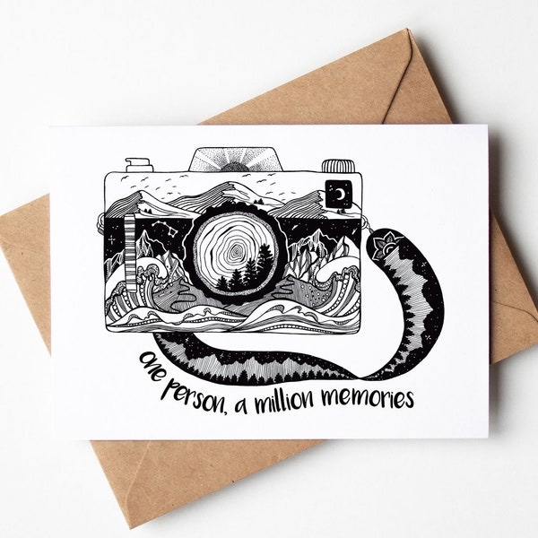 Camera Card, Friendship Card, Anniversary Card, Illustrated Greeting Card, Black and White Card, Just Because Card, 5x7 Card, Blank Inside