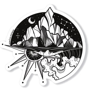 May include: Black and white illustration of a mountain range with a crescent moon and stars in the sky above. The mountains are surrounded by a wave with a sun and an eye in the center. The text "mountain memories" is written on the side of the image.