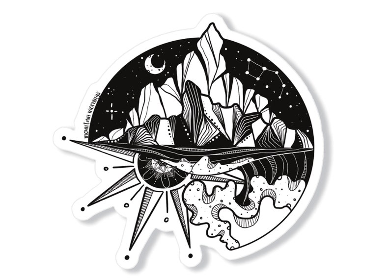 May include: Black and white illustration of a mountain range with a crescent moon and stars in the sky above. The mountains are surrounded by a wave with a sun and an eye in the center. The text "mountain memories" is written on the side of the image.