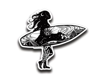 Surfer Sticker, Black and White Illustration (Glossy Vinyl, Weatherproof)