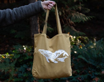 Humpback Whale Tote Bag, Reusable Bag, Shopping Bag, Ocean Lover Gift, Canvas Bag, Eco Friendly Tote Bag, Yellow Tote Bag, 15"x17"