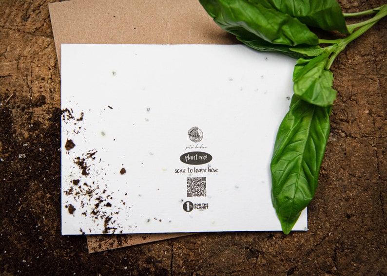 May include: A white card with the text "Plant me!" and a QR code, resting on a brown surface. Green basil leaves are in the upper right corner. The card has small seeds embedded in it.