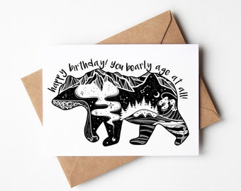 Bear Birthday Card, Congratulation Card, Happy Birthday Greeting Card, Black and White Card, Illustrated Card, Pun Birthday Card, Funny Card