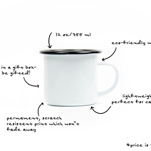 May include: White enamel mug with a black rim and handle. It holds 12 oz (355 ml) and is made of eco-friendly material. The mug has a permanent, scratch-resistant print and is lightweight, perfect for camping. It comes in a gift box.