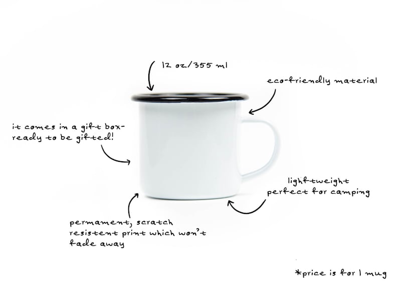 May include: White enamel mug with a black rim and handle. It holds 12 oz (355 ml) and is made of eco-friendly material. The mug has a permanent, scratch-resistant print and is lightweight, perfect for camping. It comes in a gift box.