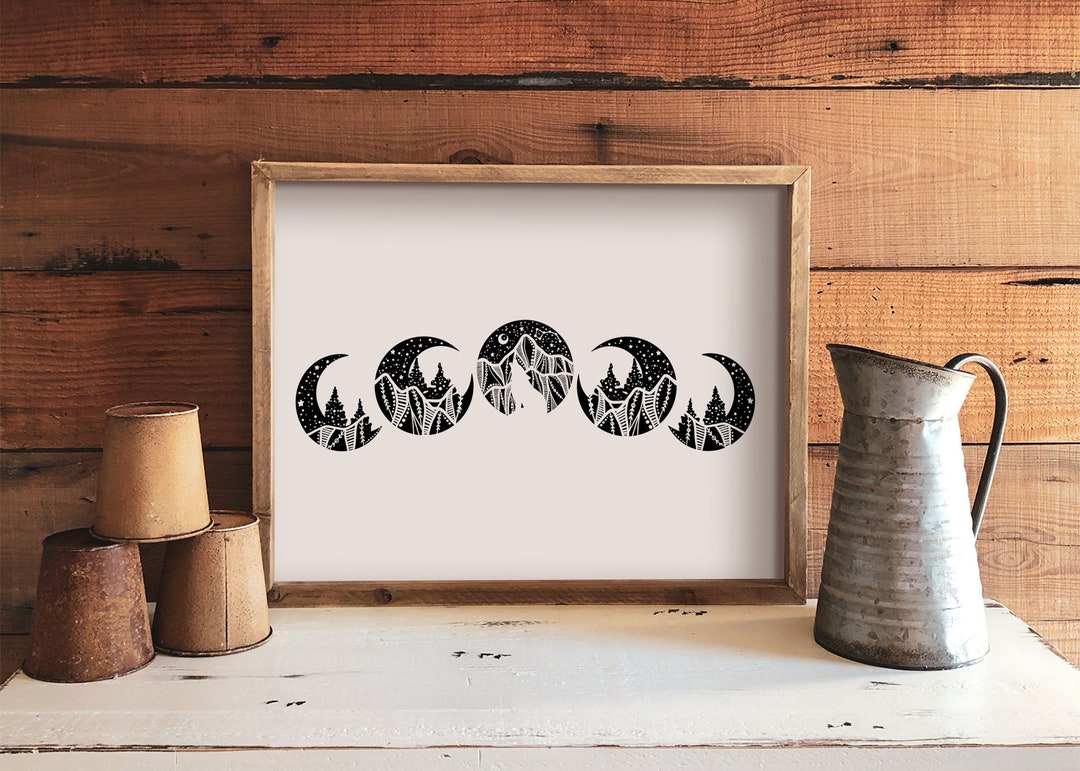 Moon Phase Print, Illustrated Print, Black and White Wall Art, Print ...