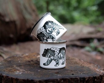 Adventure Enamel Mug, Roaming Bear, Mountain Design (Lightweight, Durable)