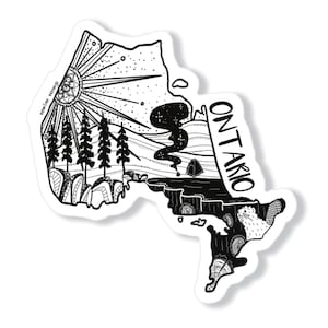 May include: Black and white illustration of the province of Ontario, Canada. The illustration features a sun, trees, a tent, and a lake. The word "ONTARIO" is written in a stylized font.