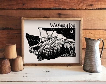 Washington Print, Illustrated Print, Black and White Wall Art, Print For Frame, Outdoor Poster, Home Decor, USA State, Washington Wall Art