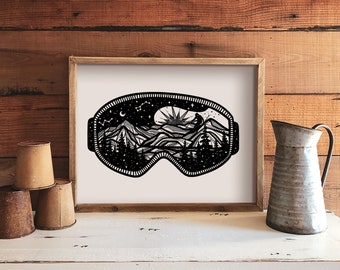 Goggles Print, Illustrated Print, Black and White Wall Art, Print For Frame, Outdoor Poster, Home Decor Prints, Canadian Artwork, PNW Art