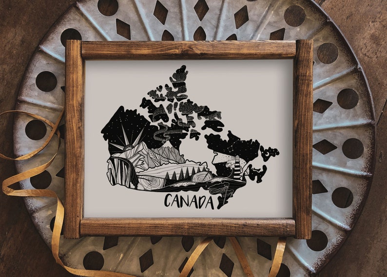 May include: A black and white illustration of Canada with a stylized mountain range, forest, and lighthouse. The text "CANADA" is written below the map.