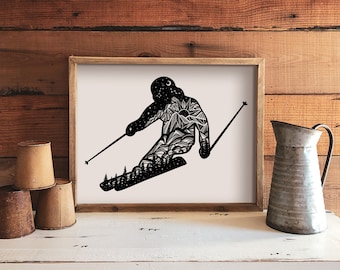 Skier Print, Illustrated Print, Black and White Wall Art, Print For Frame, Outdoor Poster, Home Decor Prints, Canadian Artwork, PNW Wall Art