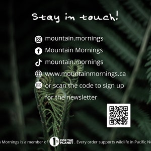 Puede incluir: Un helecho verde con un c&oacute;digo QR y texto que dice "&iexcl;Mantente en contacto!" e incluye identificadores de redes sociales y una direcci&oacute;n de sitio web para Mountain Mornings. El texto tambi&eacute;n dice "Mountain Mornings es miembro de 1% for the Planet. Cada pedido apoya la vida silvestre en el noroeste del Pac&iacute;fico."
