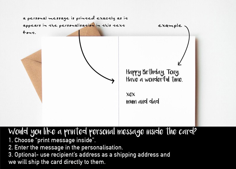 May include: A white greeting card with a printed message, "Happy Birthday, Tony. Have a wonderful time." The card includes the text "xox mum and dad." Instructions for a printed personal message are also included.