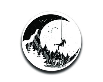 Moon and Climber Sticker, Black and White Sticker, Illustrated Sticker, Glossy Vinyl Sticker, Nature Sticker, Waterproof Sticker, PNW