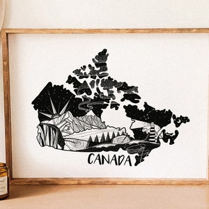 May include: Black and white illustration of Canada with a stylized mountain range, forest, and a lighthouse. The word "CANADA" is written below the illustration.
