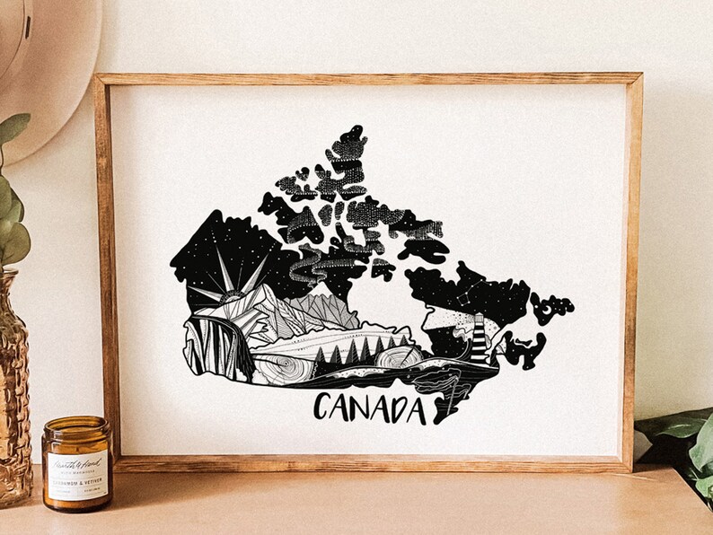 May include: Black and white illustration of Canada with a stylized mountain range, forest, and a lighthouse. The word "CANADA" is written below the illustration.