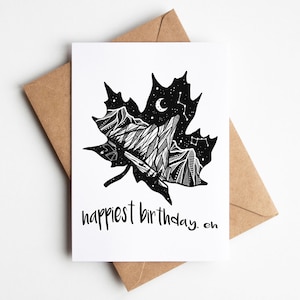 Hoja de arce, tarjeta de felicitación de feliz cumpleaños, tarjeta en blanco y negro, tarjeta ilustrada, tarjeta de 5x7, interior en blanco, tarjeta de cumpleaños, cumpleaños canadiense