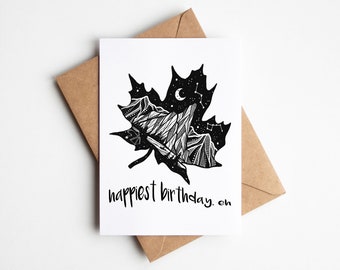 Maple Leaf, Happy Birthday Greeting Card, Black and White Card, Illustrated Card, 5x7 Card, Blank Inside, Bday Card, Canadian Birthday