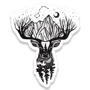 Deer Sticker, Black and White Stickers, Illustrated Sticker, Glossy Vinyl Sticker, Nature Sticker, Waterproof Sticker, Laptop Decal