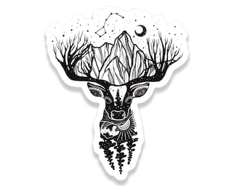 May include: Black and white illustration of a deer's head with a mountain range and trees growing out of its antlers. The antlers are also decorated with stars and a crescent moon.