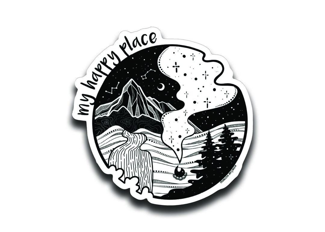 Happy Place, Black and White Stickers, Camping Sticker, Glossy Vinyl  Sticker, Travelling Sticker, Outdoor Adventure Sticker 