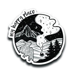 May include: Black and white sticker with a mountain, river, trees, and stars. The text "my happy place" is written around the edge of the sticker.