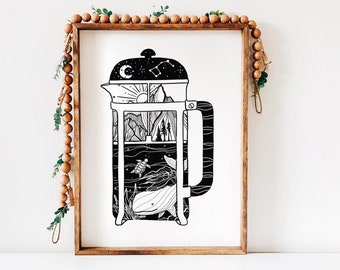 PNW French Press Wall Art: Black and White - Eco-Friendly Print