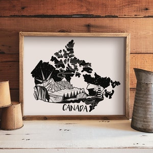 May include: Black and white illustration of Canada with various landmarks and natural features, including mountains, forests, and a lighthouse. The word "CANADA" is written below the map.