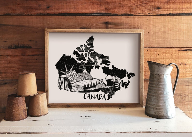 May include: Black and white illustration of Canada with various landmarks and natural features, including mountains, forests, and a lighthouse. The word "CANADA" is written below the map.