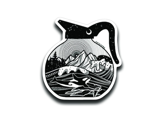 Coffee Mug Sticker: Waterproof Glossy Vinyl (Black & White Design)