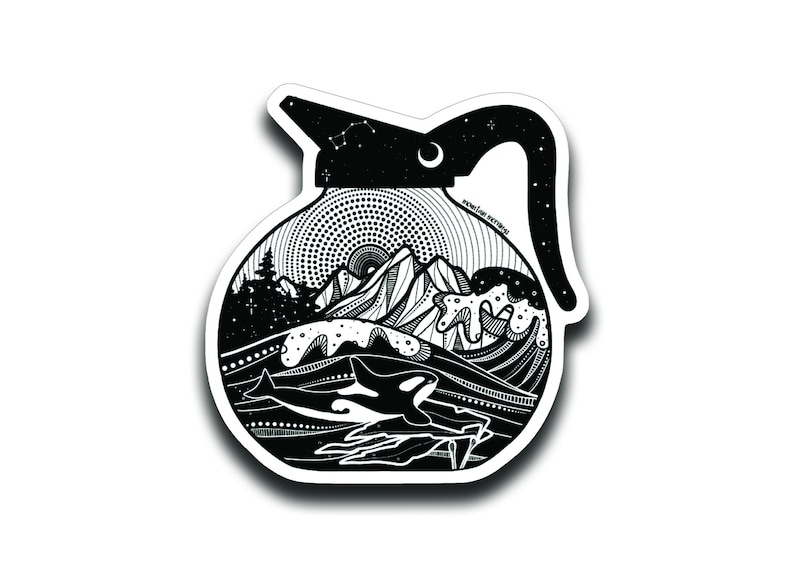 May include: Black and white sticker of a coffee pot with a mountain, ocean, and orca whale design. The design is intricate and detailed, with a starry sky and moon in the background.