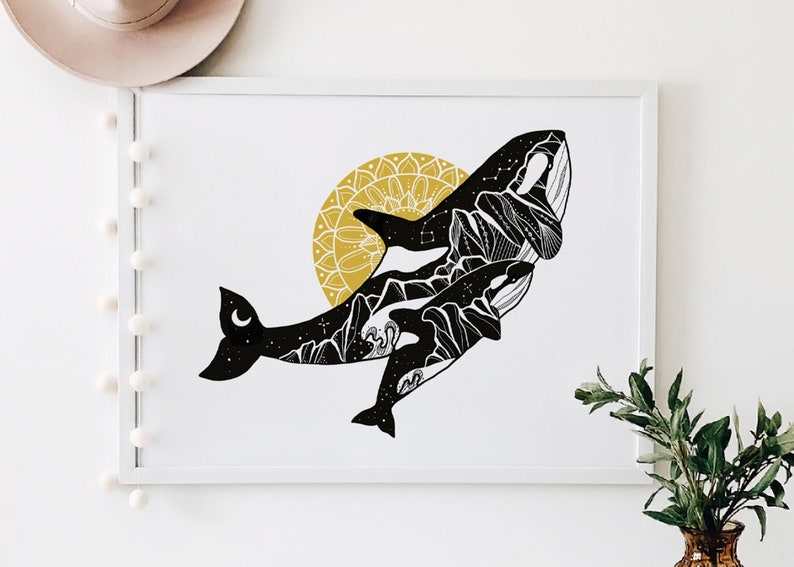 Impresión de orca, impresión ilustrada, arte de pared en blanco y negro, impresión para marco, póster al aire libre, impresiones de decoración del hogar, obras de arte canadienses, arte PNW imagen 2