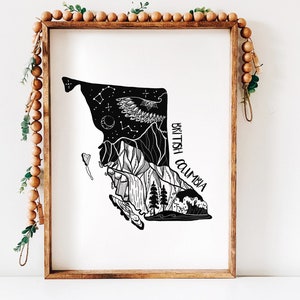 British Columbia Wall Art Print - Black and White Nature Illustration