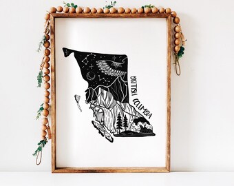 British Columbia Wall Art Print - Black and White Nature Illustration