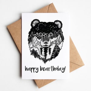 Bear Head, Happy Birthday wenskaart, zwart-wit kaart, geïllustreerde kaart, wilde verjaardag, natuur verjaardag, 5 x 7 kaart, leeg, woordspeling kaart